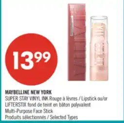Pharmaprix MAYBELLINE NEW YORK SUPER STAY VINYL INK Lipstick or LIFTERSTIX Multi-Purpose Face Stick offer