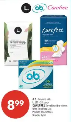 Pharmaprix o.b. Tampons (40), L. (20 - 24) or CAREFREE Ultra Thin Pads (28) offer