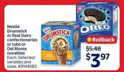 Walmart Nestlé Drumstick or Real Dairy confectioneries or tubs or Del Monte novelties offer