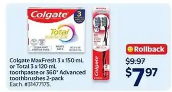 Walmart Colgate MaxFresh or Total Toothpaste or 360° Advanced Toothbrushes offer