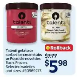 Walmart Talenti gelato or sorbet ice cream tubs offer