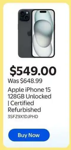Walmart Apple iPhone 15 128GB Unlocked offer