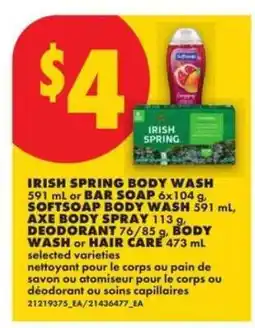 No Frills Irish Spring Body Wash, Softsoap Body Wash, Axe Body Spray, Deodorant, Body Wash or Hair Care offer
