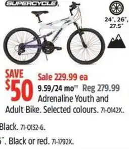 Canadian Tire SUPERCYCLE Adrenaline Youth and Adult Bike. Selected colours offer