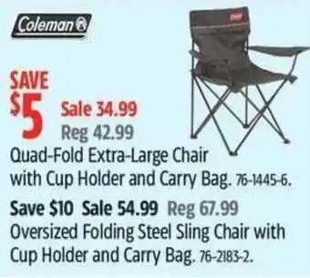 Canadian Tire Coleman Quad-Fold Extra-Large Chair with Cup Holder and Carry Bag offer