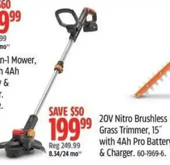 Canadian Tire 20V Nitro Brushless Grass Trimmer, 15 with 4Ah Pro Battery & Charger offer