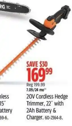 Canadian Tire 20V Cordless Hedge Trimmer, 22" with 2Ah Battery & Charger offer