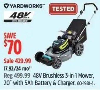 Canadian Tire YARDWORKS 48V Brushless 3-in-1 Mower, 20" with 5Ah Battery & Charger offer
