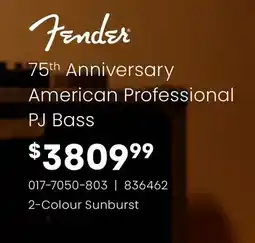 Long & McQuade Fender 75th Anniversary American Professional PJ Bass, Rosewood Fingerboard - 2-Colour Sunburst offer