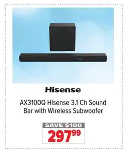 2001 Audio Video AX3100Q Hisense 3.1 Ch Sound Bar with Wireless Subwoofer offer