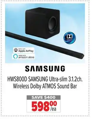 2001 Audio Video HWS800D SAMSUNG Ultra-slim 3.1.2ch. Wireless Dolby ATMOS Sound Bar offer
