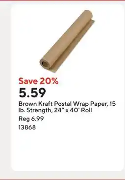 Staples Brown Kraft Postal Wrap Paper, 15 lb. Strength, 24 x 40' Roll offer