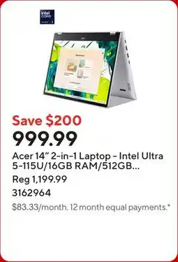 Staples Acer 14 2-in-1 Laptop - Intel Ultra 5-115U/16GB RAM/512GB SSD/Touchscreen/Windows 11 offer