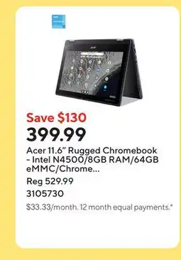 Staples Acer 11.6 Rugged Chromebook - Intel N4500/8GB RAM/64GB eMMC/Chrome OS with 3 months of Google AI Pro offer