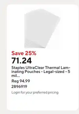 Staples Staples UltraClear Thermal Laminating Pouches - Legal-sized - 5 mil offer