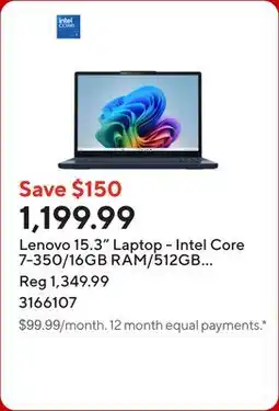 Staples Lenovo 15.3 Laptop - Intel Core 7-350/16GB RAM/512GB SSD/Touchscreen/Windows 11 Home offer