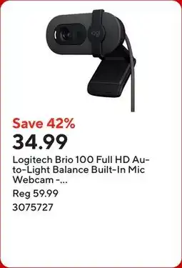 Staples Logitech Brio 100 Full HD Auto-Light Balance Built-In Mic Webcam - Graphite offer