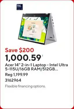 Staples Acer 14 2-in-1 Laptop - Intel Ultra 5-115U/16GB RAM/512GB SSD/Touchscreen/Windows 11 offer