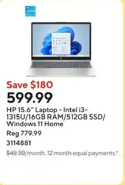 Staples HP 15.6" Laptop - Intel i3- 1315U/16GB RAM/512GB SSD/ Windows 11 Home offer