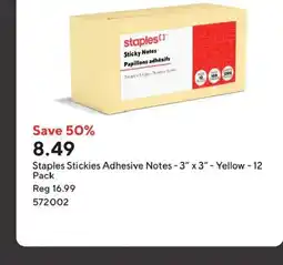 Staples Staples Stickies Adhesive Notes -3" x 3" - Yellow - 12 Pack offer