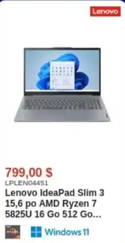 Canada Computers Lenovo IdeaPad Slim 3 15,6 po AMD Ryzen 7 5825U 16 Go 512 Go offer