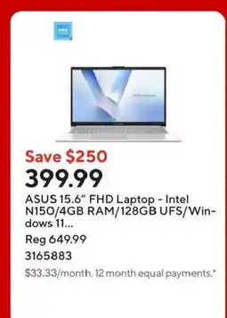 Staples ASUS 15.6" FHD Laptop - Intel N150/4GB RAM/128GB UFS/Win- offer