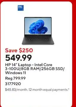 Staples HP 14" Laptop - Intel Core 3-100U/8GB RAM/256GB SSD/ Windows 11 offer