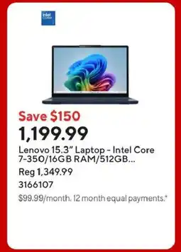 Staples Lenovo 15.3" Laptop - Intel Core 7-350/16GB RAM/512GB offer