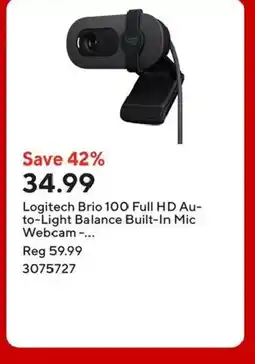 Staples Logitech Brio 100 Full HD Au- to-Light Balance Built-In Mic Webcam offer