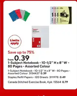 Staples Subject Notebook-10-1/2" H x 8" W- 80 Pages Assorted Colour offer