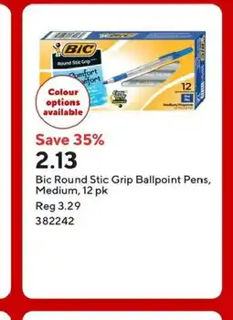 Staples Bic Round Stic Grip Ballpoint Pens, Medium, 12 pk offer