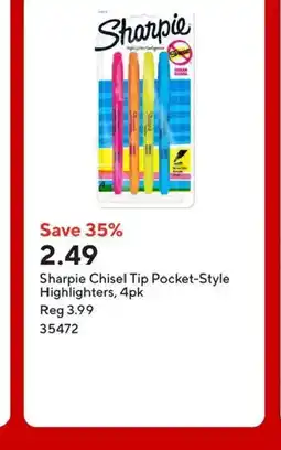 Staples Sharpie Chisel Tip Pocket-Style Highlighters, 4pk offer
