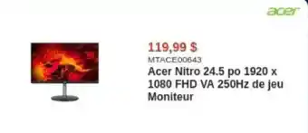 Canada Computers Acer Nitro 24.5 po 1920 x 1080 FHD VA 250Hz de jeu Moniteur offer