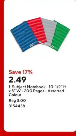 Staples 1-Subject Notebook-10-1/2" H x 8" W-200 Pages - Assorted Colour offer