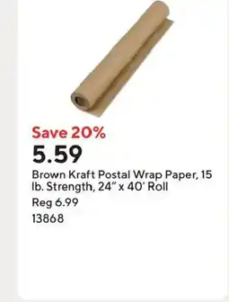 Staples Brown Kraft Postal Wrap Paper, 15 Ib. Strength, 24" x 40' Roll offer