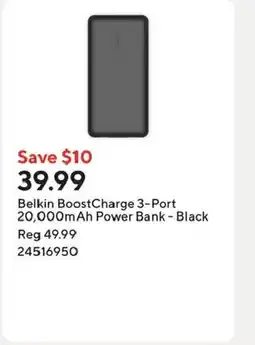 Staples Belkin BoostCharge 3-Port 20,000mAh Power Bank - Black offer
