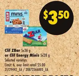 No Frills CLIF ZBAR, 5X36 G OR CLIF ENERGY MINIS, 5X28 G offer