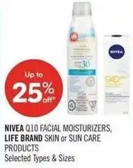Shoppers Drug Mart Nivea q10 facial moisturizers, life brand skin or sun care products offer