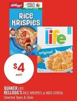 Shoppers Drug Mart Quaker life, kellogg's rice krispies or kids cereal offer