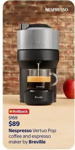 Walmart Nespresso Vertuo Pop coffee and espresso maker by Breville offer