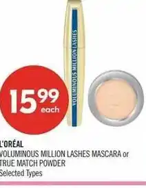 Shoppers Drug Mart L'oréal luminous million lashes voluminous million lashes mascara or true match powder offer