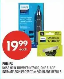 Shoppers Drug Mart Philips nose hair trimmer nt3000, one blade intimate skin protect or 360 blade refills offer