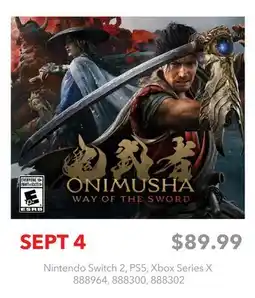 GameStop ONIMUSHA WAY OF THE SWORD Nintendo Switch 2, PS5, Xbox Series X offer