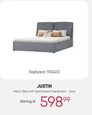 Meubles RD JUSTIN Fabric Bed with Upholstered Headboard - Grey offer