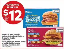 Giant Tiger Giant Value frozen beef maple bourbon flavour or beef & cheddar burgers offer