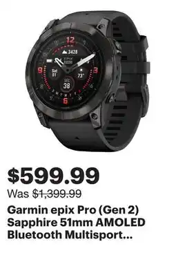 Best Buy Garmin epix Pro (Gen 2) Sapphire 51mm AMOLED Bluetooth Multisport GPS Smartwatch - Black offer