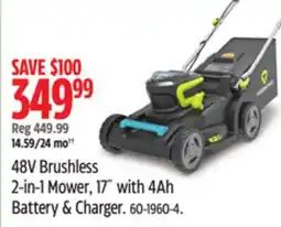 Canadian Tire Yardworks 48V Brushless 2-in-1 Mower, 17 with 4Ah Battery & Charger offer