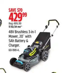 Canadian Tire Yardworks 48V Brushless 3-in-1 Mower, 20 with 5Ah Battery & Charger offer