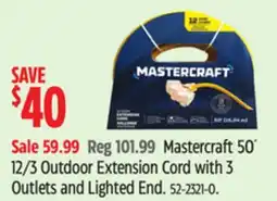 Canadian Tire Mastercraft 50' 12/3 Outdoor Extension Cord with 3 Outlets and Lighted End offer