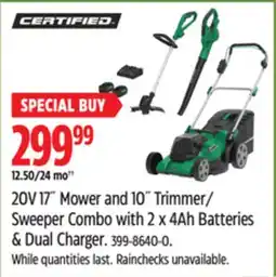 Canadian Tire 20V 17 Mower and 10 Trimmer/Sweeper Combo with 2 x 4Ah Batteries & Dual Charger offer
